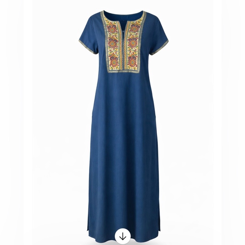 Parshwa Art Blue Kaftan Tunic Dress Embroidered Bodice Sz Small Boho India Maxi